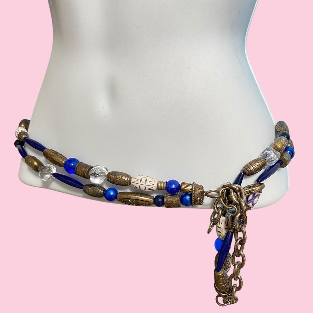 EXP Boho Bead Belt Blue & Brass Beads Vintage